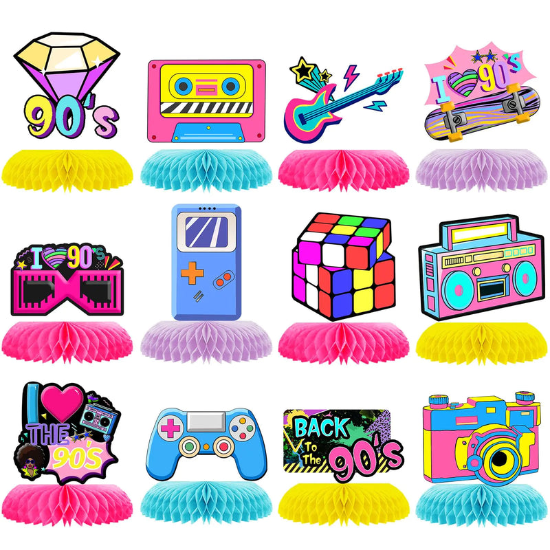 12 Pcs 90s Party Decorations 90s Retro Honeycomb Centerpieces Back to The 90s Party Table Centerpieces For 1990s Birthday Party Favors Supplies90s Themed Party Nostalgic Party Decorations