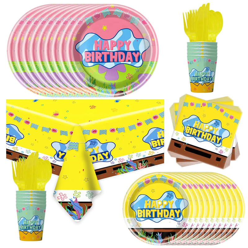 81pcs Yellow Cartoon Party Supplies Tableware Plates Napkins Cups Fork and Tablecloth，Yellow Theme Birthday Party Decoration