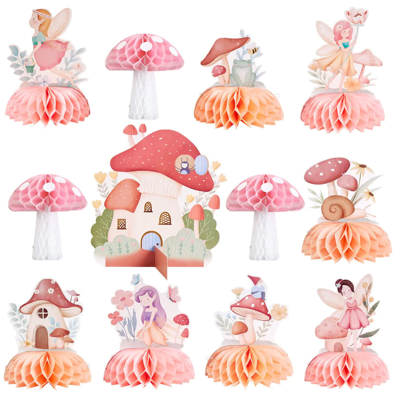 SUNBEAUTY 12 PCS Fairy First Birthday Decorations Fairy Centerpieces for Tables Fairy Mushroom Honeycomb Centerpieces Fairy Birthday Party Decorations Fairy Party Decor Mushroom Party Dcorations