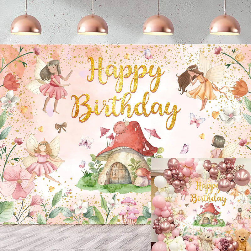 Fairy Happy Birthday Backdrop 8x6FT Flower Fairy Birthday Party Decorations My Fairy First Birthday Background for Girls Fairy Tale Theme Birthday Party Decorations Photo Props